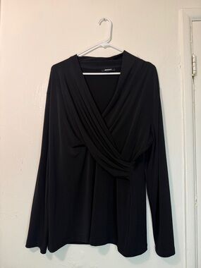 DKNY Black Faux Wrap V-Neck Blouse Long Sleeve Draped Front Top Plus Size XXL